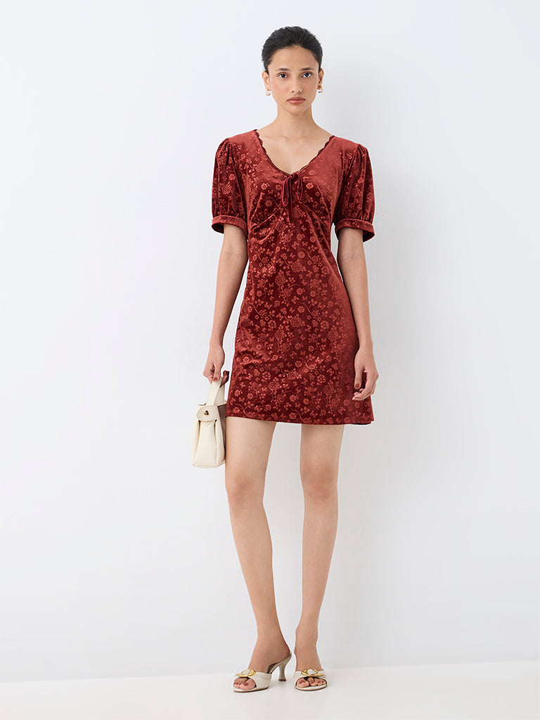 LOV Dark Rust Floral Jacquard A-Line Velour Dress