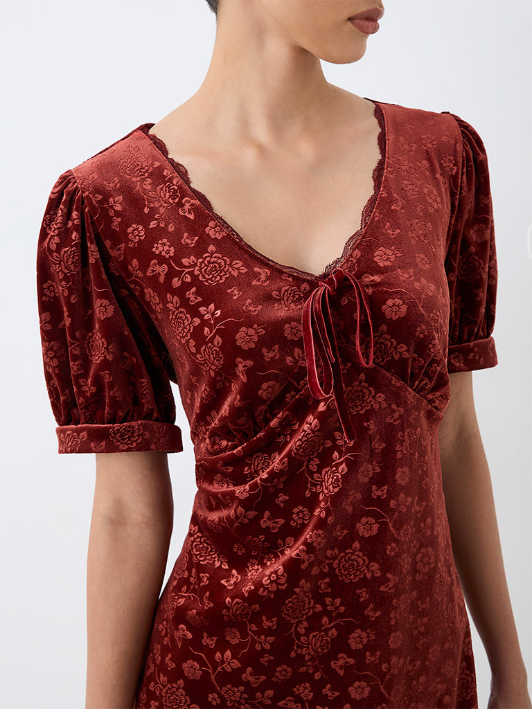 LOV Dark Rust Floral Jacquard A-Line Velour Dress
