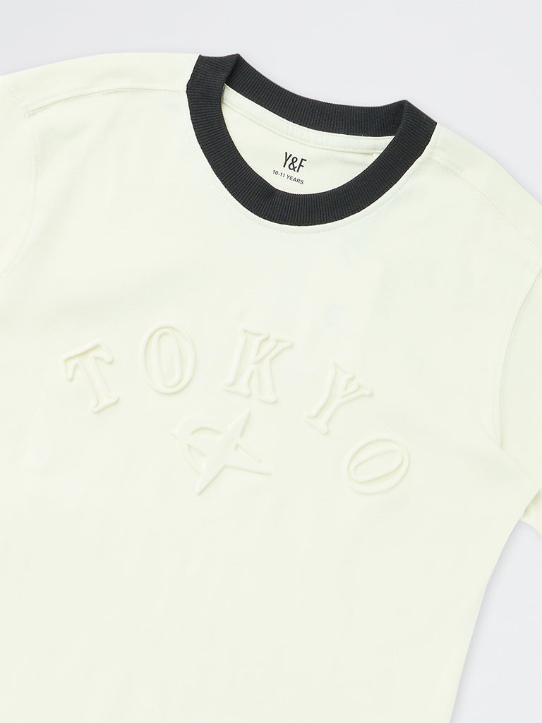 Boys Off-White Text Embossed Cotton T-Shirt