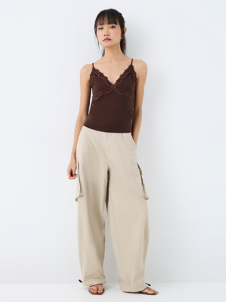 Nuon Dark Brown Floral Lace Detailed Cotton Top