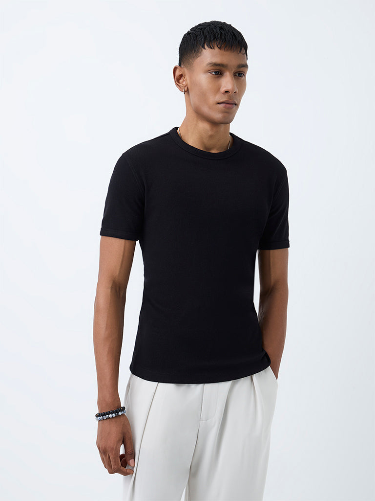 Nuon Black Ribbed-Textured Slim-Fit Cotton-Blend  T-Shirt