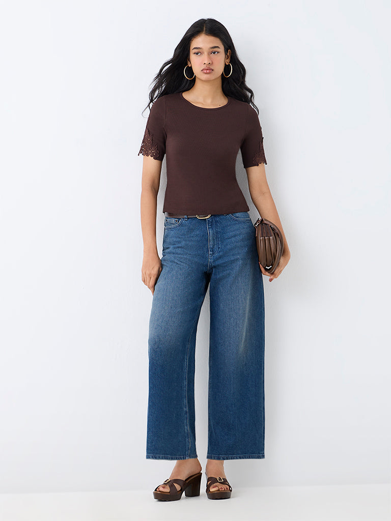 LOV Dark Brown Floral Lace Ribbed Cotton-Blend Top