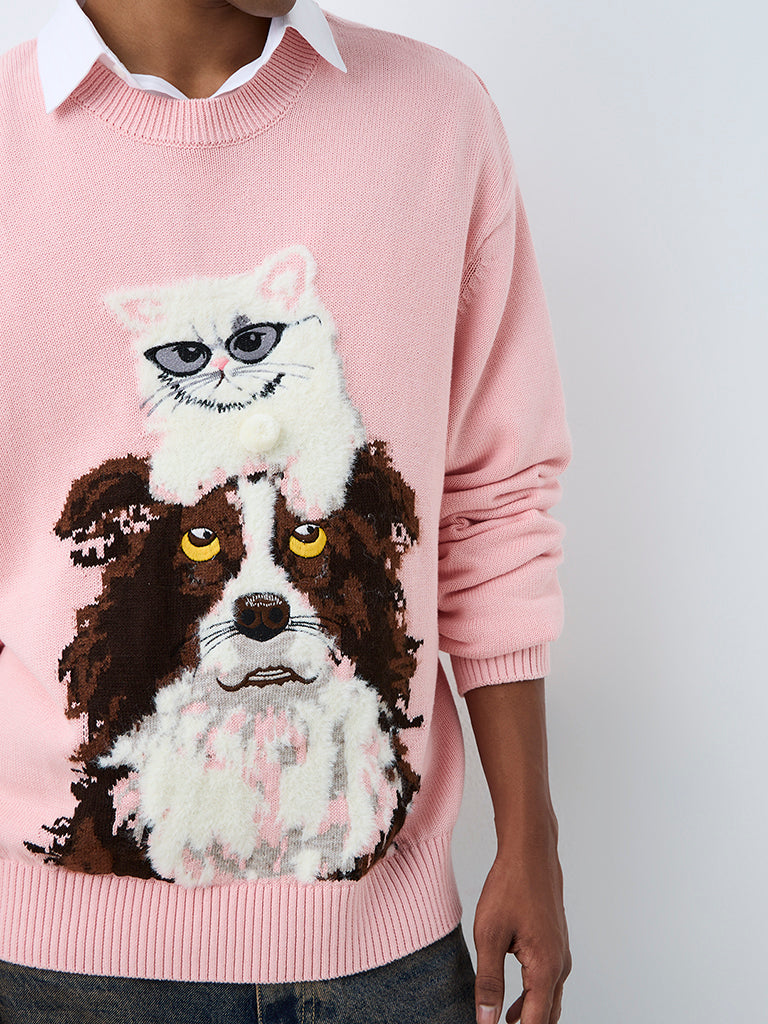 Nuon Light Pink Animal Design Knitted Oversized-Fit Cotton Sweater