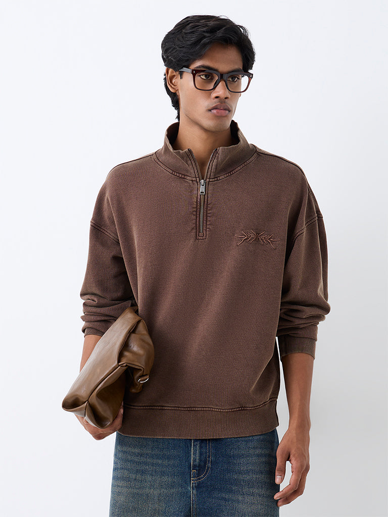Nuon Dark Brown Quarter-Zip Oversized Cotton Sweatshirt