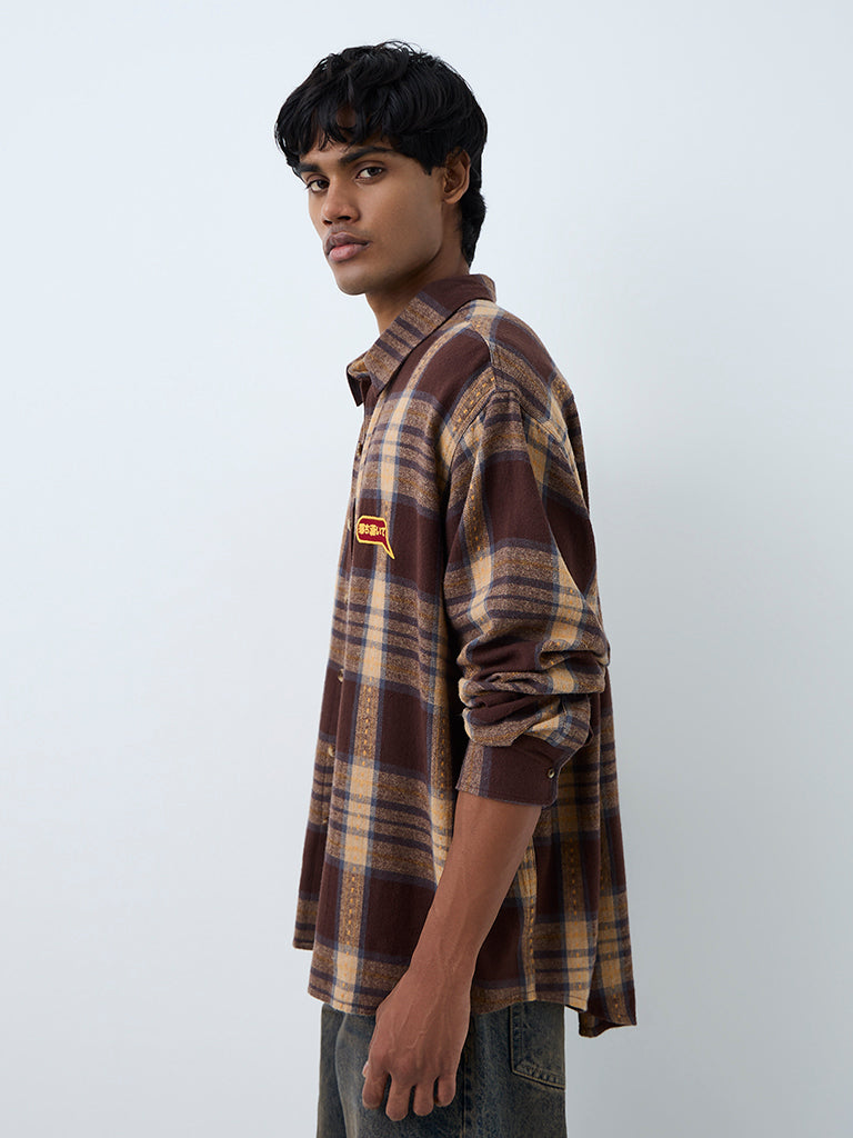 Nuon Brown Checkered Oversized-Fit Cotton Shirt