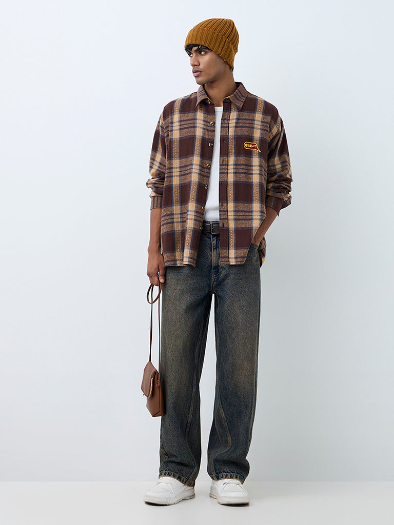 Nuon Brown Checkered Oversized-Fit Cotton Shirt