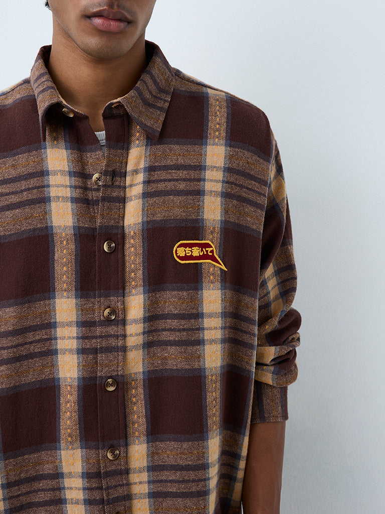 Nuon Brown Checkered Oversized-Fit Cotton Shirt