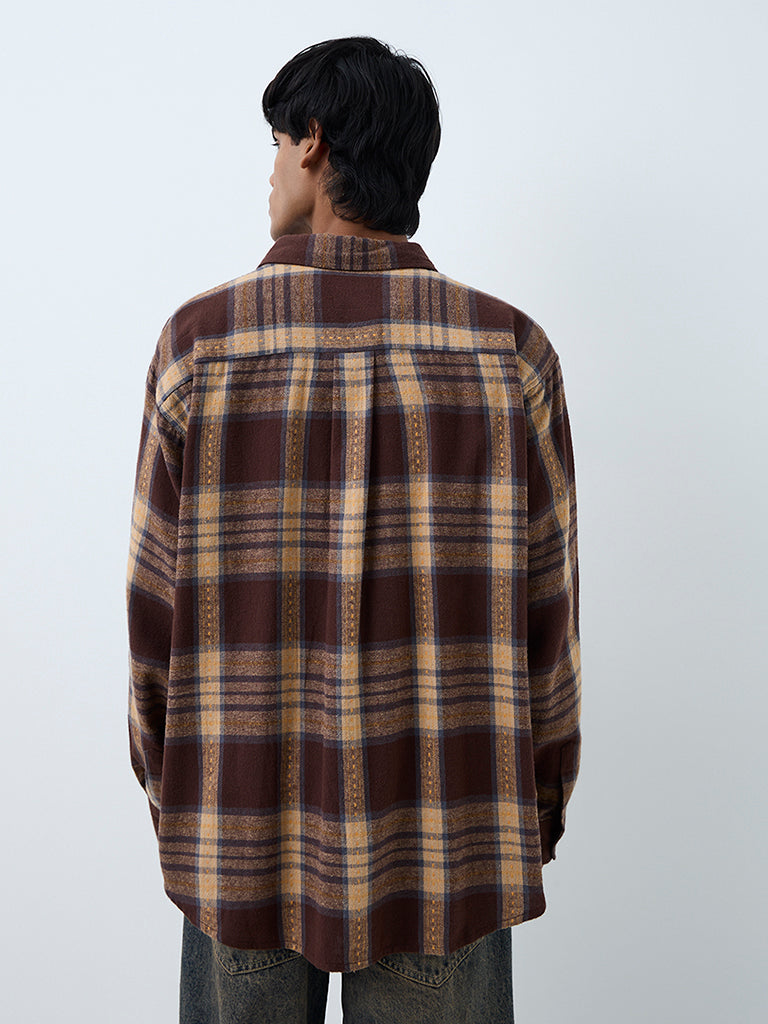 Nuon Brown Checkered Oversized-Fit Cotton Shirt