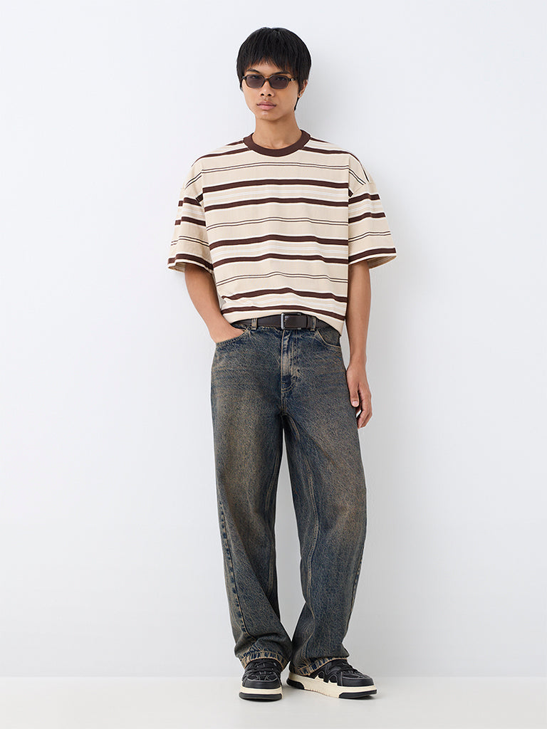 Nuon Brown Striped Oversized-Fit Cotton T-Shirt