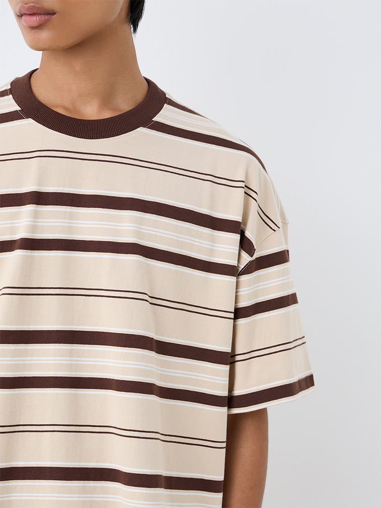 Nuon Brown Striped Oversized-Fit Cotton T-Shirt