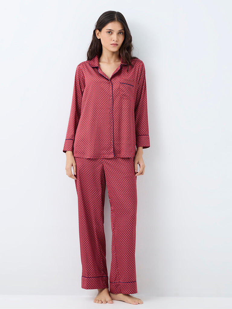 Wunderlove Red Printed Shirt and Pyjama Set