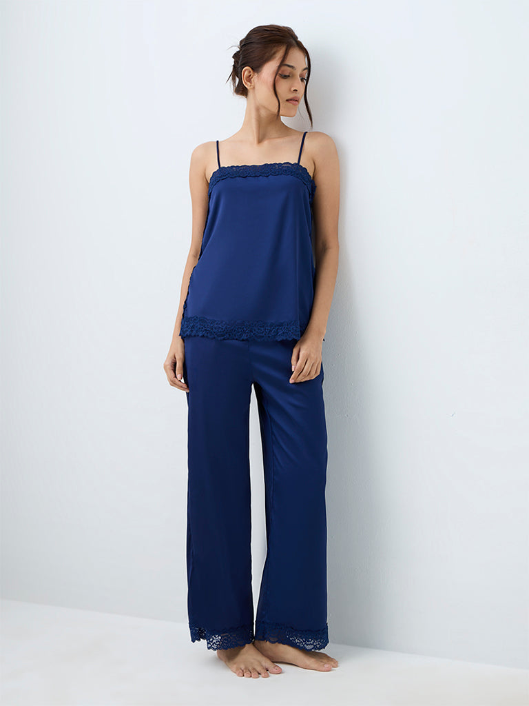 Wunderlove Navy Lace-Detail Satin Camisole and Pyjama Sets