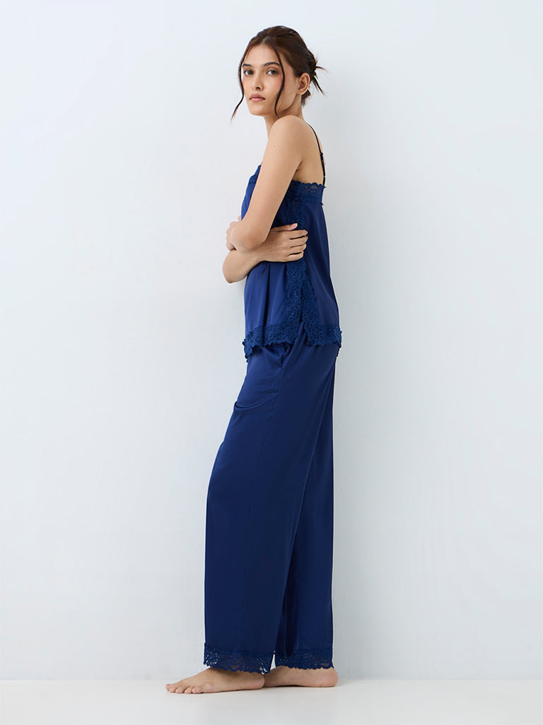 Wunderlove Navy Lace-Detail Satin Camisole and Pyjama Sets