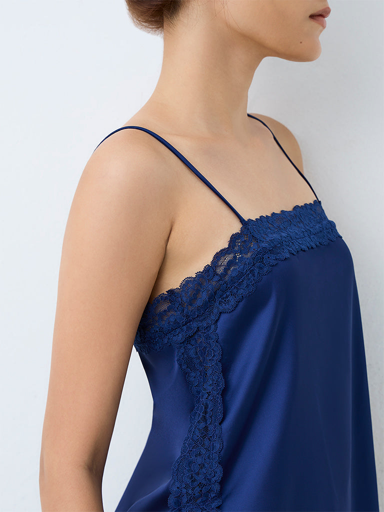 Wunderlove Navy Lace-Detail Satin Camisole and Pyjama Sets