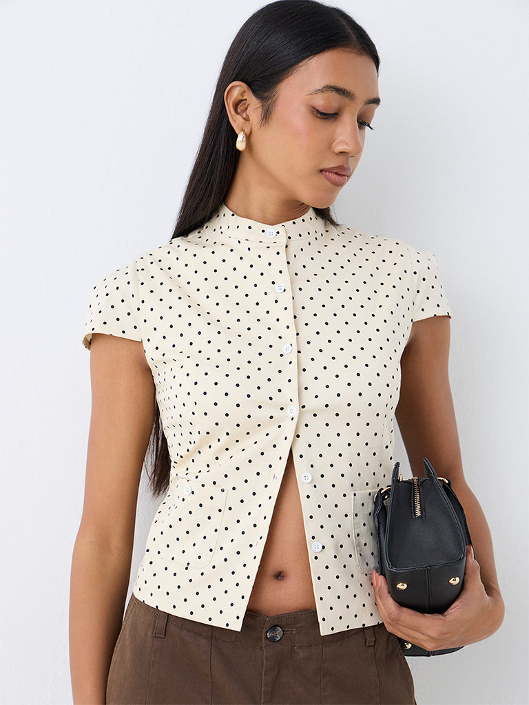 Wardrobe Off-White Polka-Dot Printed Cotton Blouse