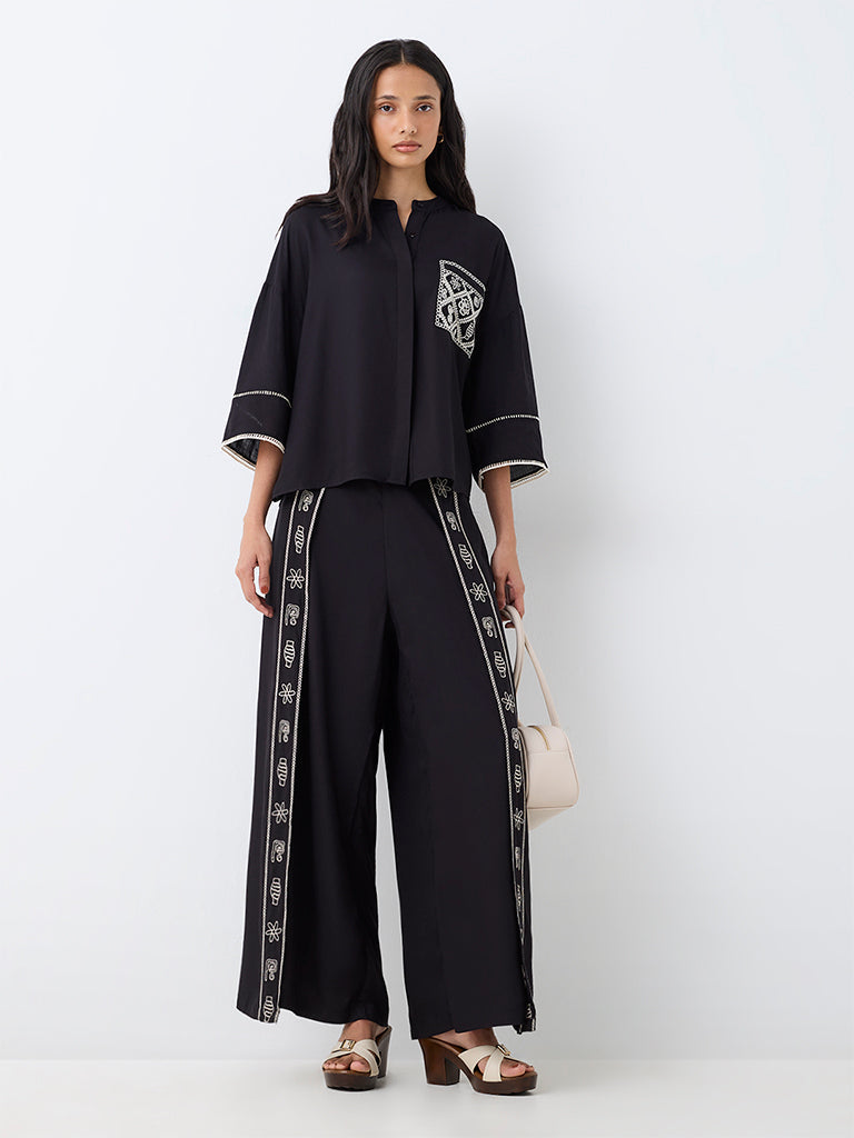 LOV Black Embroidered Blouse