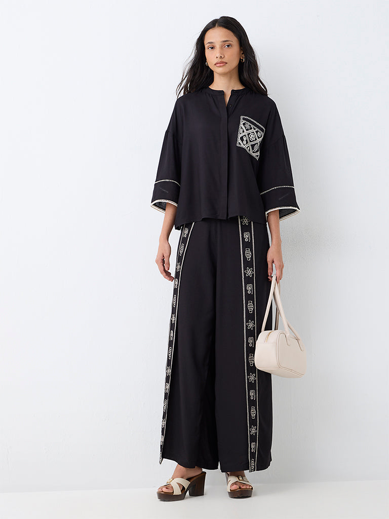 LOV Black Embroidered Tie-Up Detail High-Rise Pants
