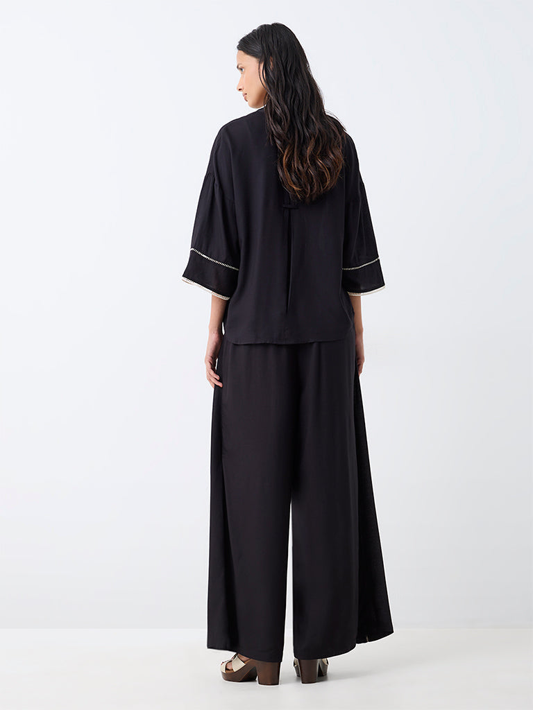 LOV Black Embroidered Tie-Up Detail High-Rise Pants