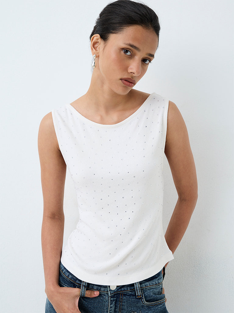 LOV White Embellished Ribbed Cotton-Blend Top