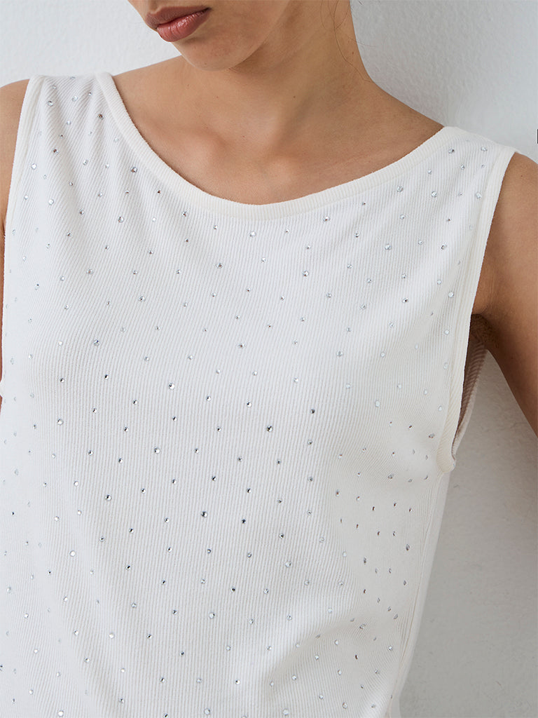 LOV White Embellished Ribbed Cotton-Blend Top
