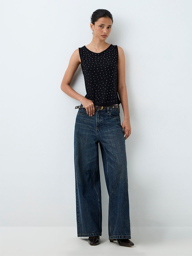 LOV Black Embellished Ribbed Cotton-Blend Top