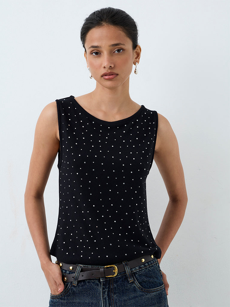 LOV Black Embellished Ribbed Cotton-Blend Top