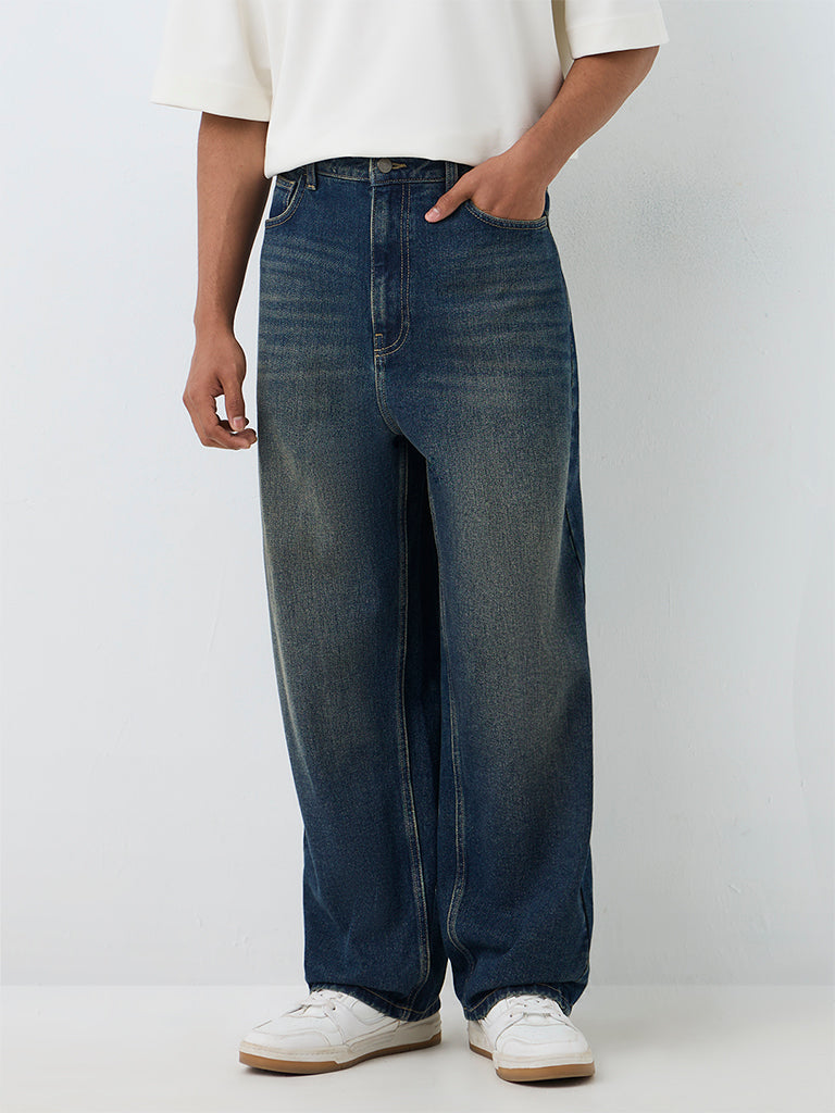 Nuon Dark Blue Faded Relaxed-Fit Mid-Rise Jeans