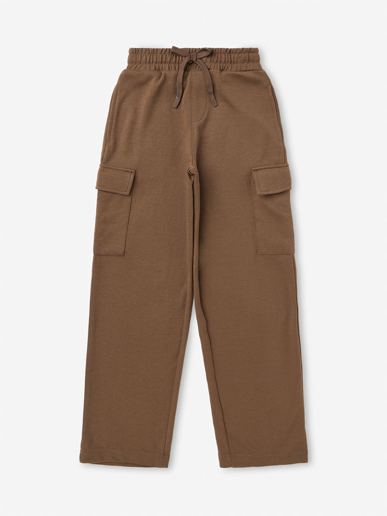 Boys Brown Cargo-Style Mid-Rise Cotton Trackpants