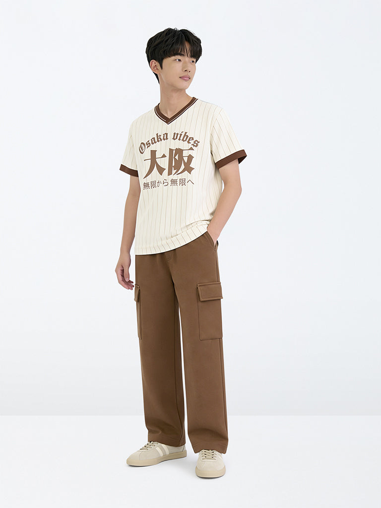Boys Brown Cargo-Style Mid-Rise Cotton Trackpants