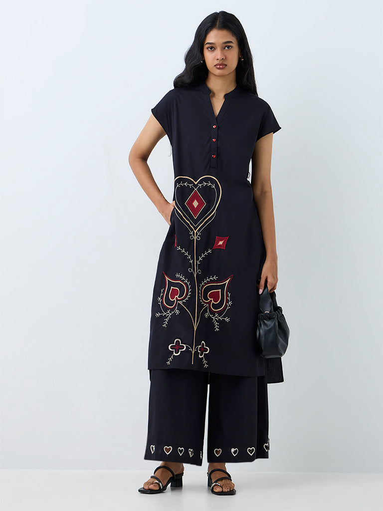 Utsa Black Embroidered Cotton A-Line Kurta