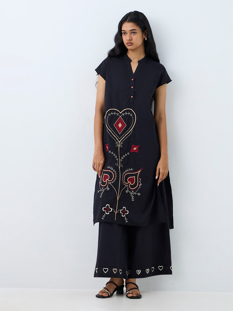 Utsa Black Embroidered Cotton A-Line Kurta