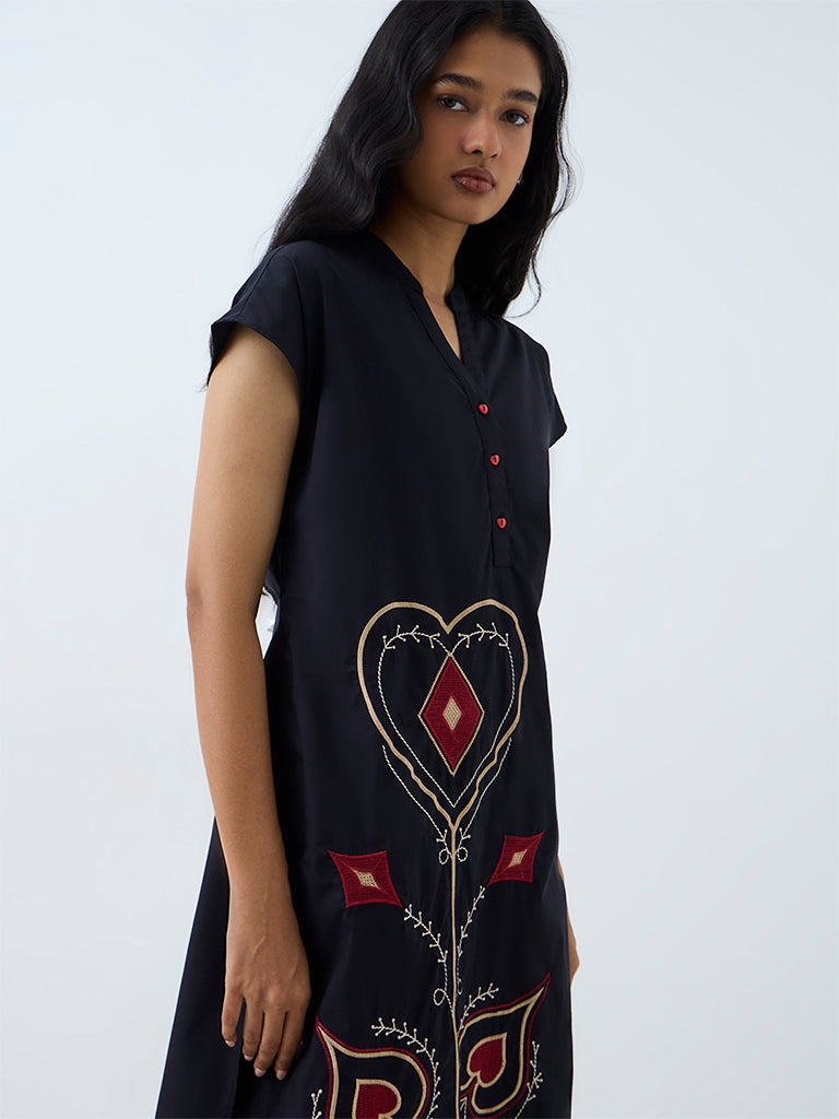 Utsa Black Embroidered Cotton A-Line Kurta