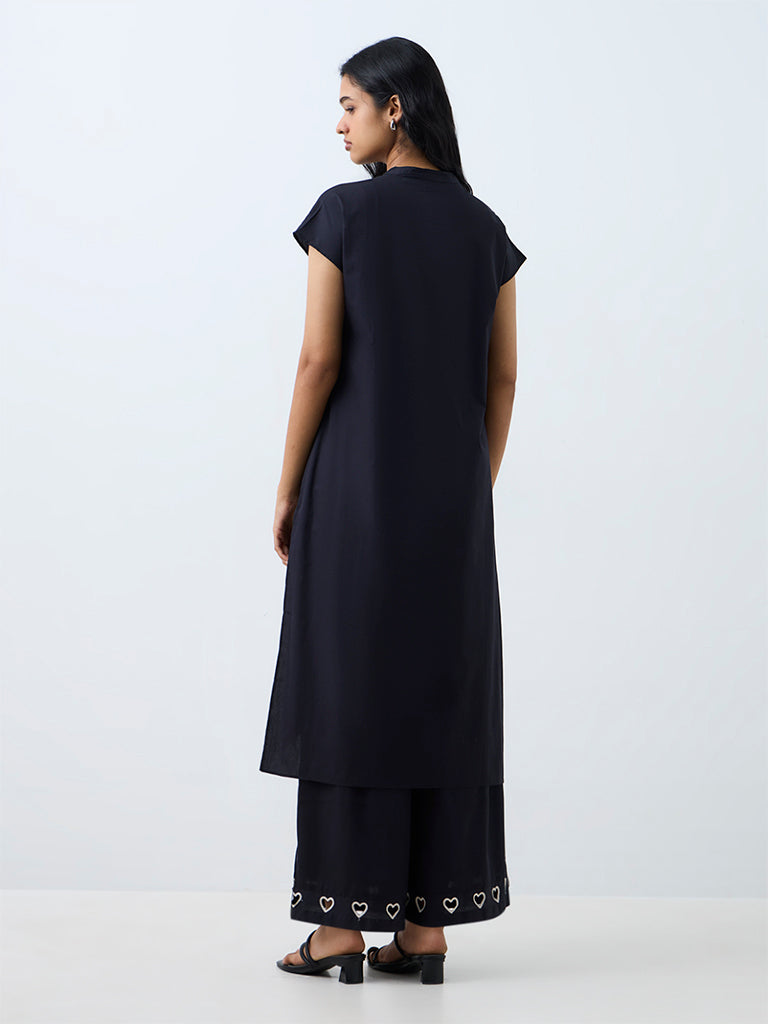 Utsa Black Embroidered Cotton A-Line Kurta