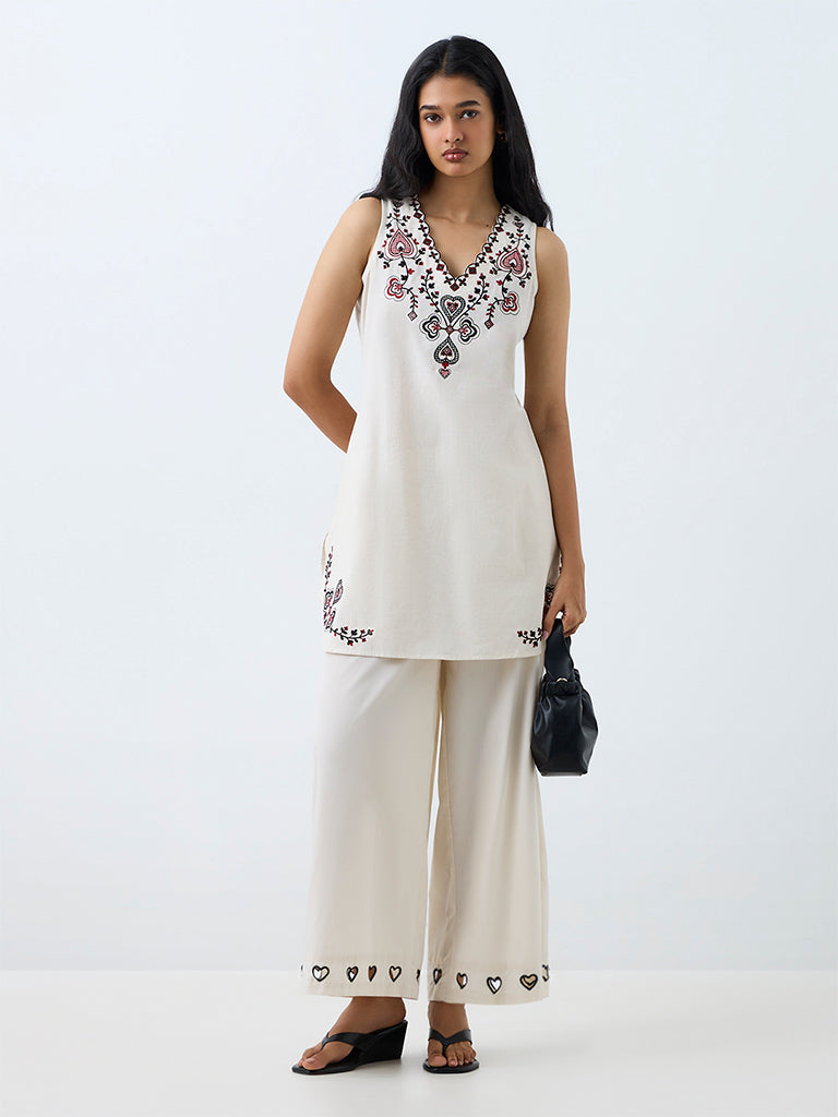 Utsa Off-White Embroidered Cotton-Blend Straight Kurti