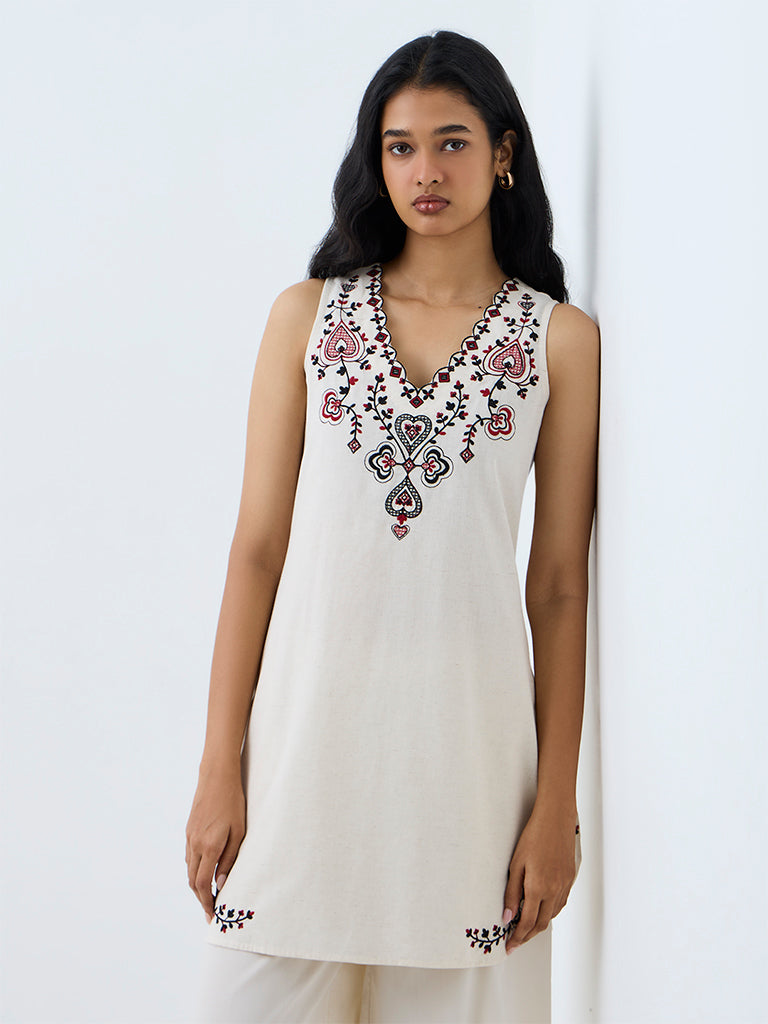 Utsa Off-White Embroidered Cotton-Blend Straight Kurti