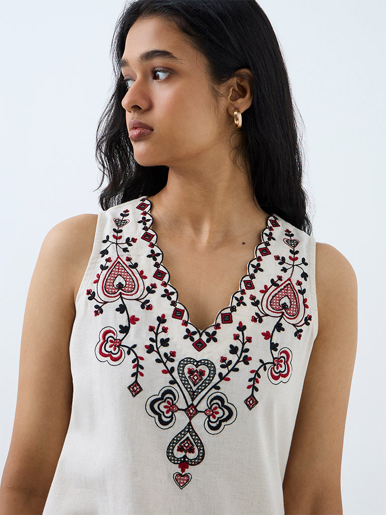 Utsa Off-White Embroidered Cotton-Blend Straight Kurti