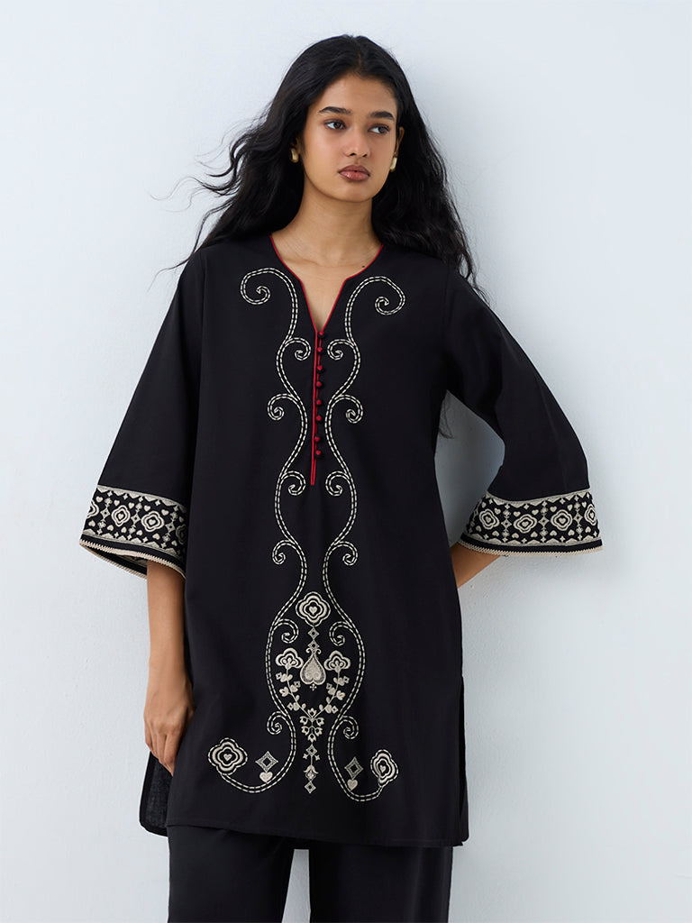Utsa Black Embroidered Cotton-Blend A-Line Kurti