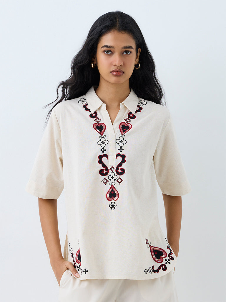 Utsa Off-White Embroidered Cotton-Blend Tunic