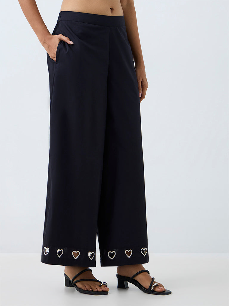 Utsa Black Heart Design Cotton Palazzos