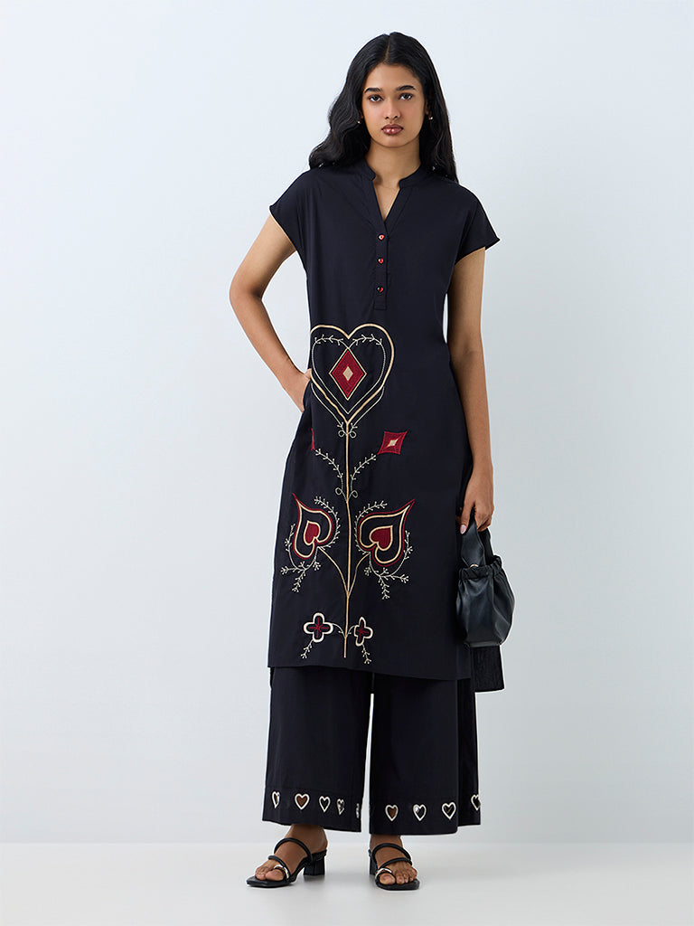 Utsa Black Heart Design Cotton Palazzos