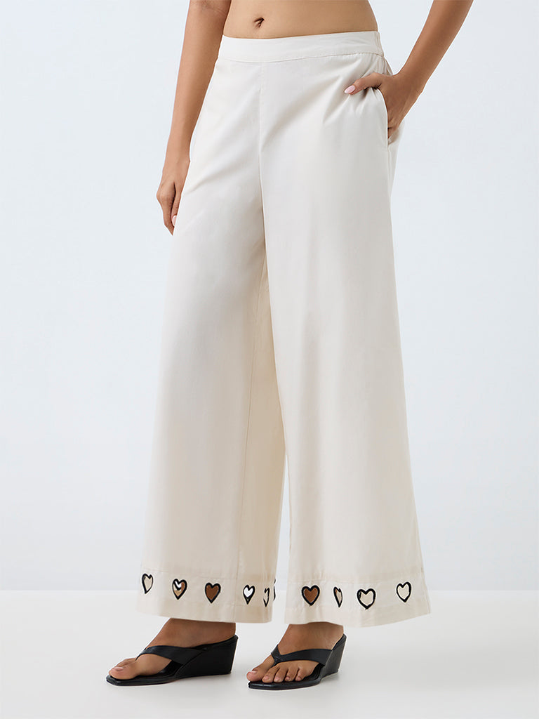 Utsa Off-White Heart Design Cotton Palazzos