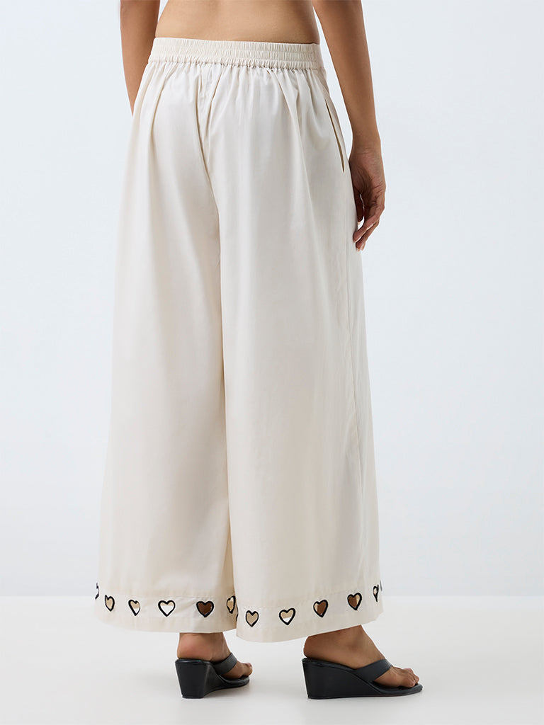 Utsa Off-White Heart Design Cotton Palazzos
