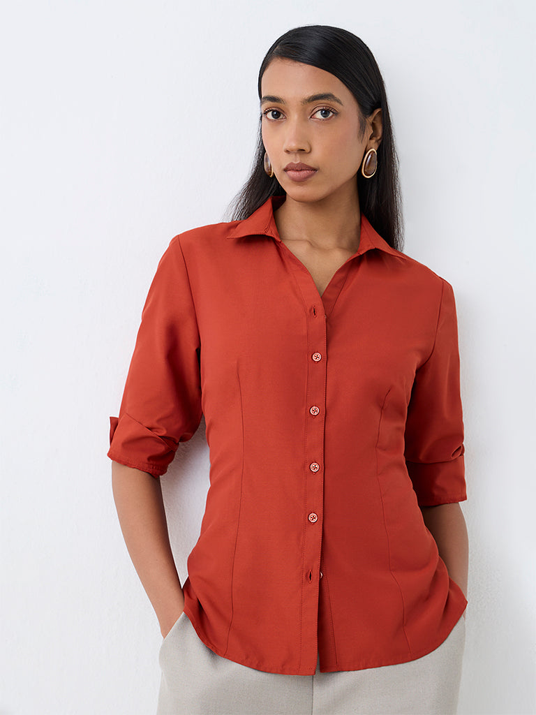 Wardrobe Rust Solid Cotton-Blend Shirt