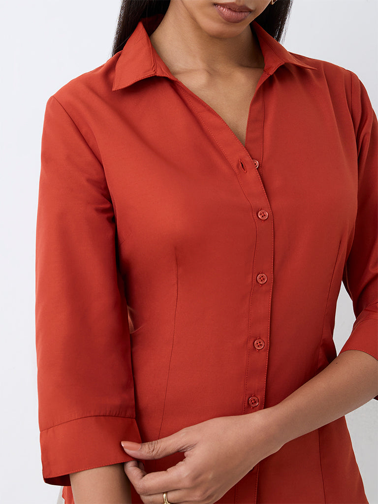 Wardrobe Rust Solid Cotton-Blend Shirt