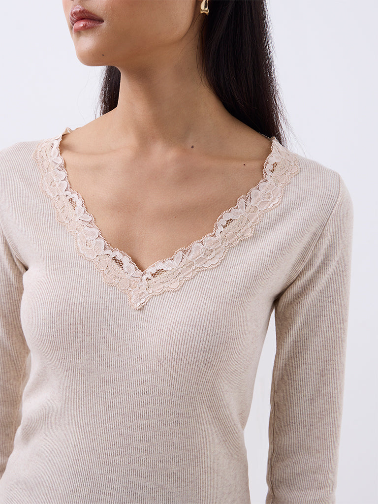 Nuon Off-White Melange Floral Lace-Detail Top