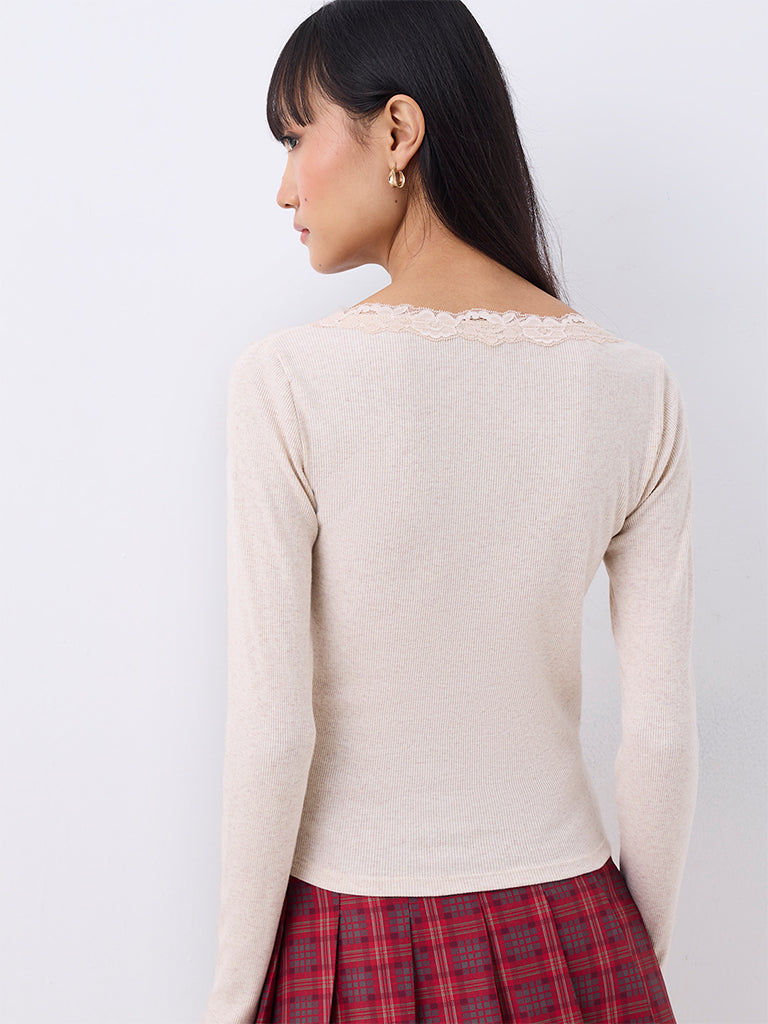 Nuon Off-White Melange Floral Lace-Detail Top