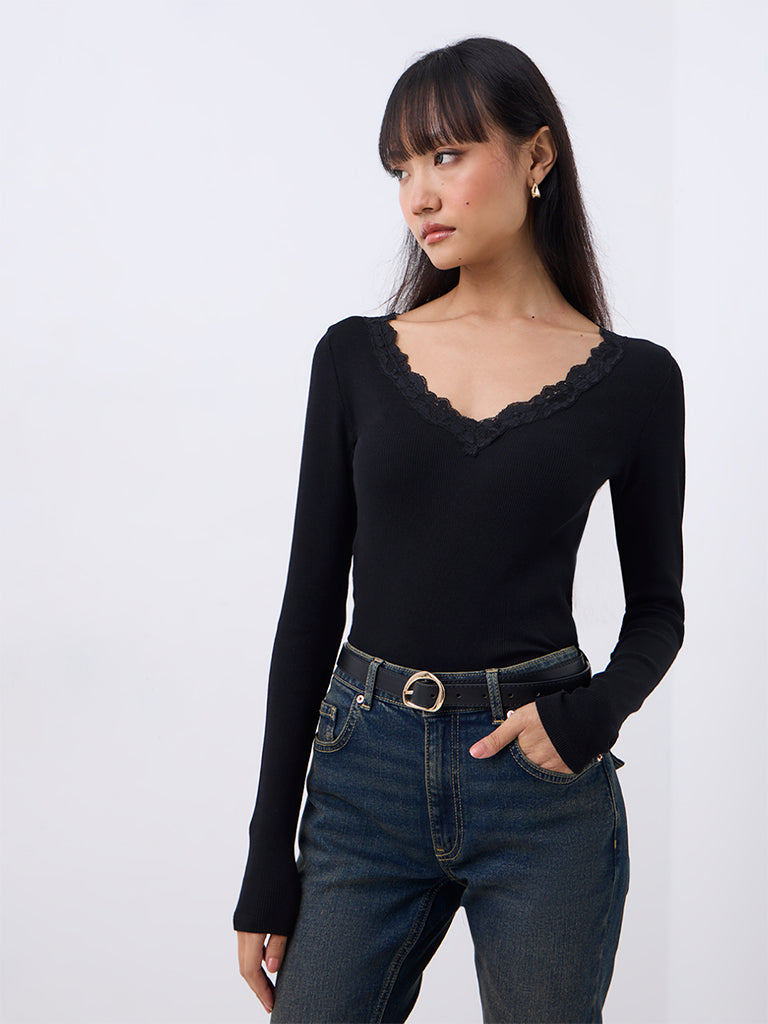 Nuon Black Floral Lace-Detail Ribbed Top