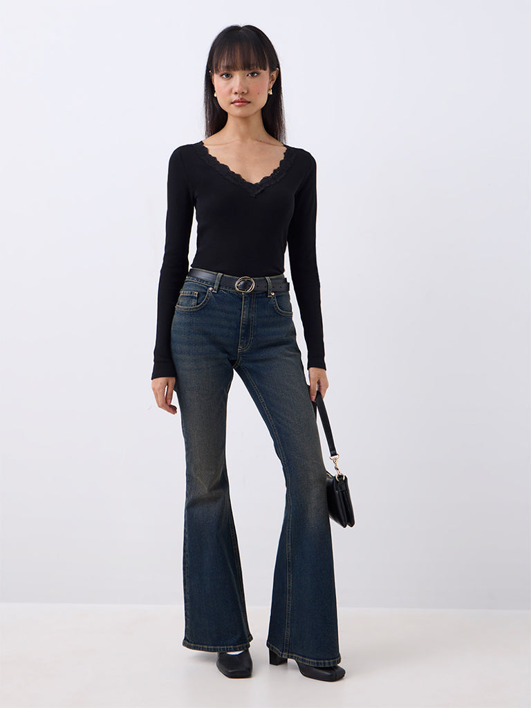 Nuon Black Floral Lace-Detail Ribbed Top
