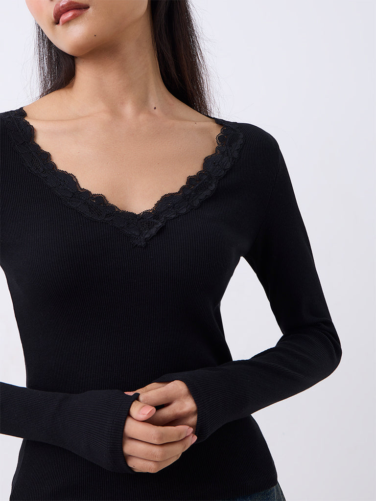 Nuon Black Floral Lace-Detail Ribbed Top