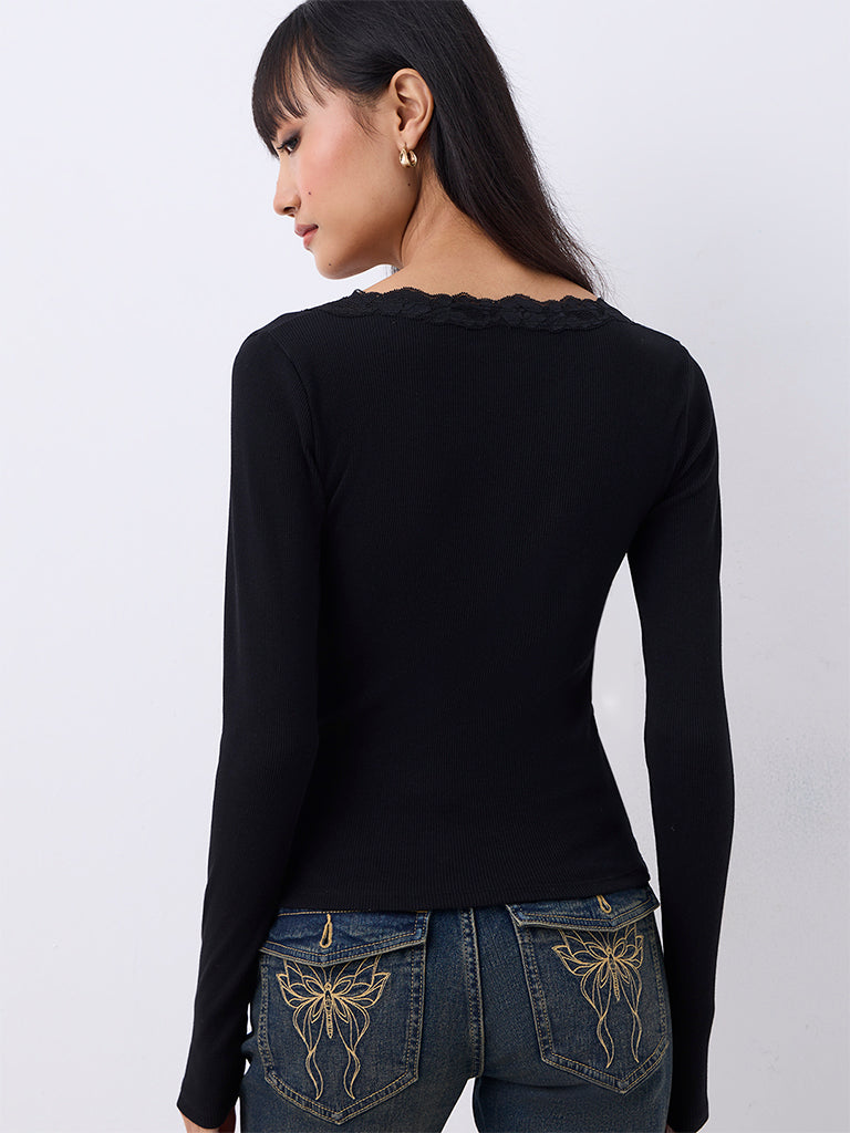 Nuon Black Floral Lace-Detail Ribbed Top